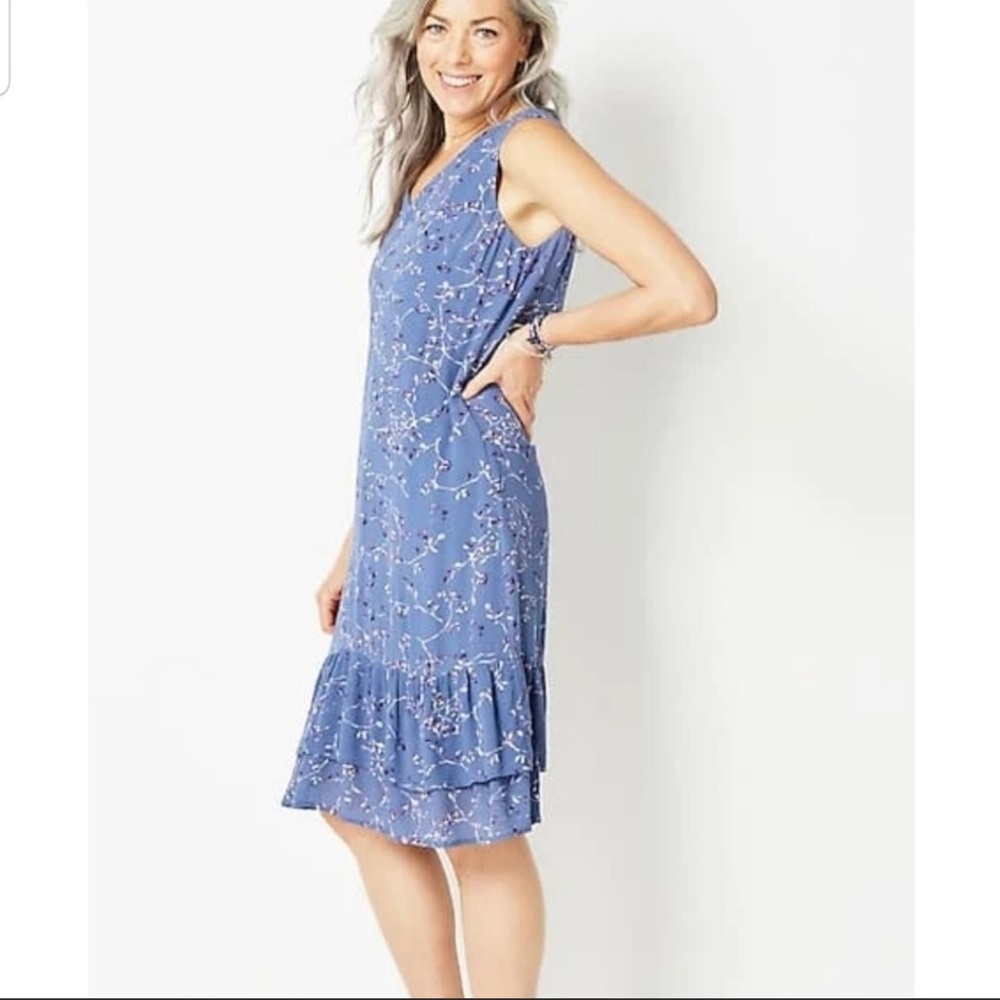 J Jill Ruffled Vneck Dress Twilight Sky Blossoming Stems Blue Floral S